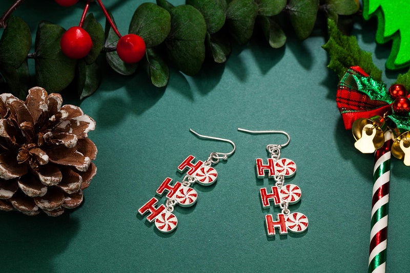 RareLove Christmas Cute HoHoHo Pierced Dangle Earrings Red Candy Cane Color Silver Plated Alloy Holiday For Women - Image 3